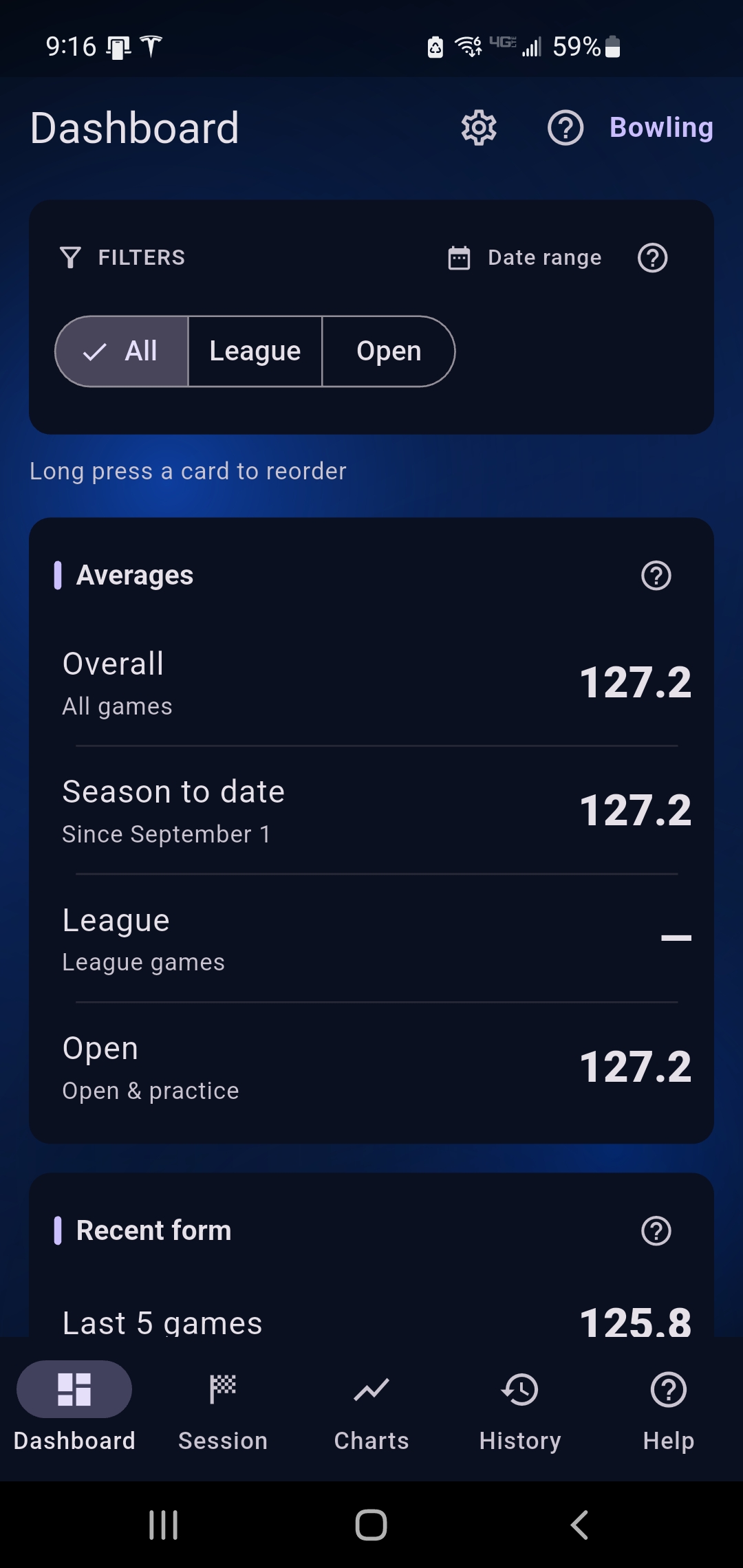Dashboard with averages, records, and handicap stats